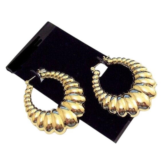 1 7/8 Inch 45mm Shrimp Hoop Gold Tone Pierced Post Earrings - Picture 9 of 12